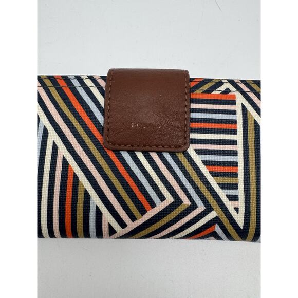 Fossil Madison Slim Clutch Wallet Geometric Red Blue Brown Leather - Picture 2 of 7